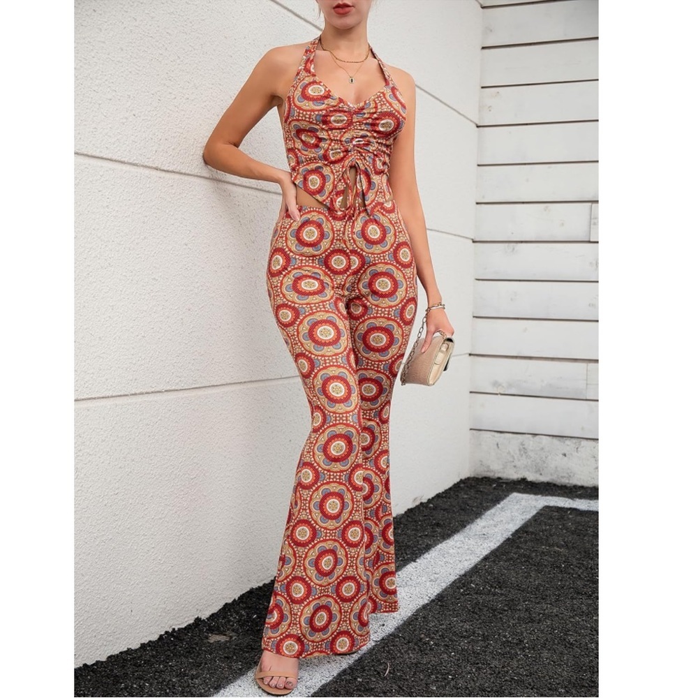 Verdusa Women's 2 Piece Outfits Drawstring Crop Halter Top and Wide Leg Pant Set